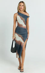One Shoulder Mesh Dress in Rust Print