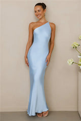 The Evangeline One Shoulder Satin Maxi Dress Blue