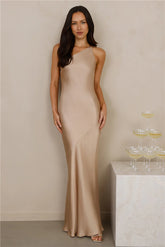 The Evangeline One Shoulder Satin Maxi Dress Champagne
