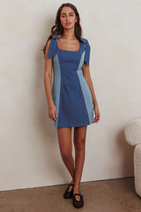 Kiss City Tied Shoulders Contrast Mini Dress Denim