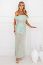 Dewdrop Dream Off Shoulder Mesh Maxi Dress Sage