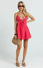 V Neck Bow Front Baby Doll Mini Dress in Red