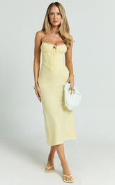 Linen Scoop Neck Ruched Bust Corset Waist Bias Skirt Dress in Lemon