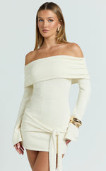 Knitted Off Shoulder Tie Waist Mini Dress in Cream