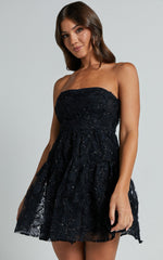 Marzy Mini Dress - Strapless Floral Detail Lace Fit and Flare Dress in Black