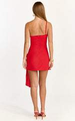 One Shoulder Rosette Detail Sash Fitted Dress in Red