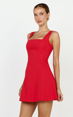 Linen Square Neck Shirred Back A Line Dress in Red