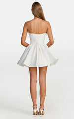 Ruched Bust Fit And Flare Strapless Corset Bodice Dress With Lace Up Back in White
