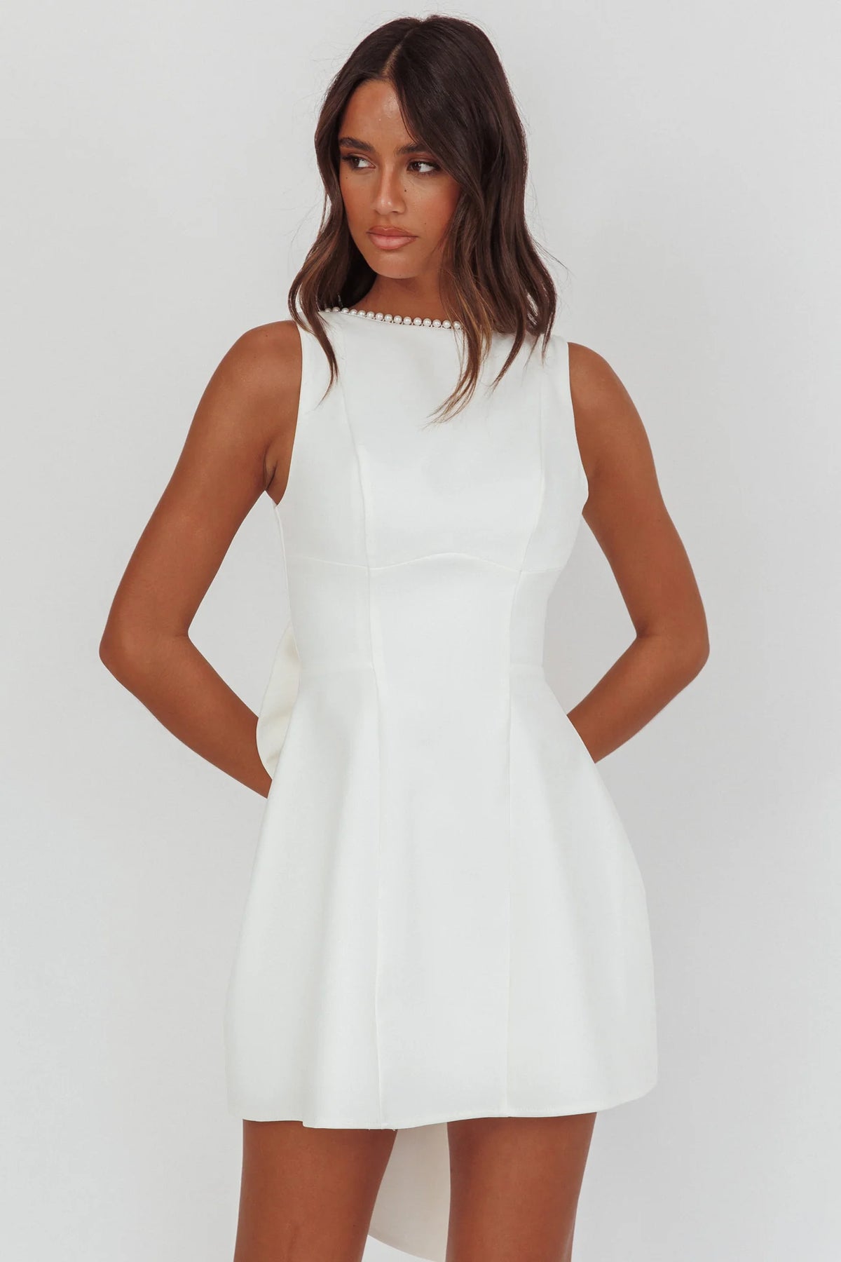 Opulent Pearl Trim Oversized Bow Mini Dress White