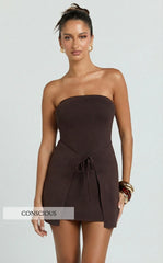Strapless Asymmetric Front Wrap Knit Dress in Chocolate