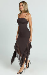 Constantina Midi Dress - Asymmetric Ruffle Tie Back Dress in Dark Chocolate