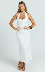 Deep U Halter Neck Dress in White