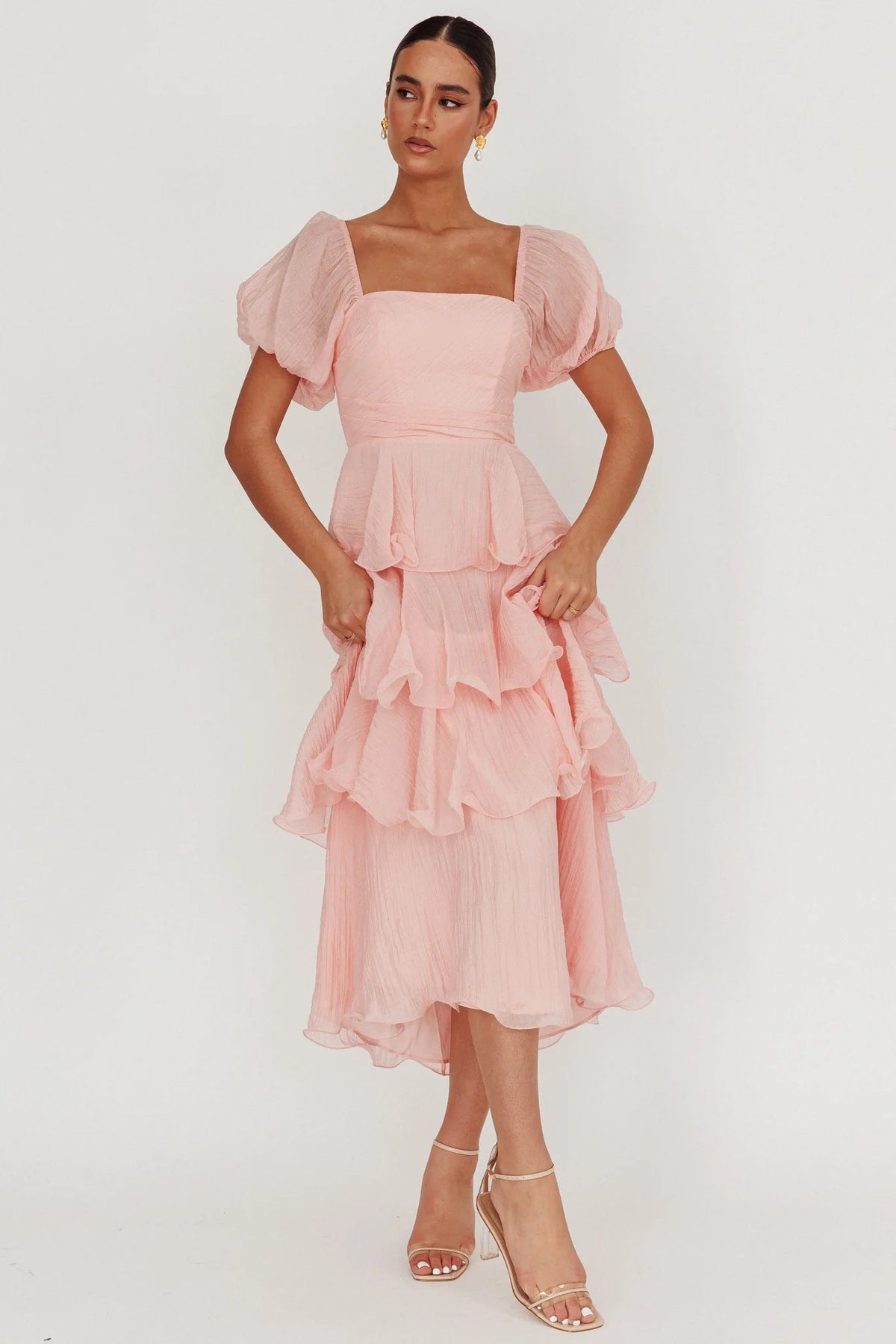 Giavana Puff Sleeve Layered Maxi Dress Baby Pink