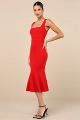 Moment Maker Red Square Neck Trumpet Midi Dress