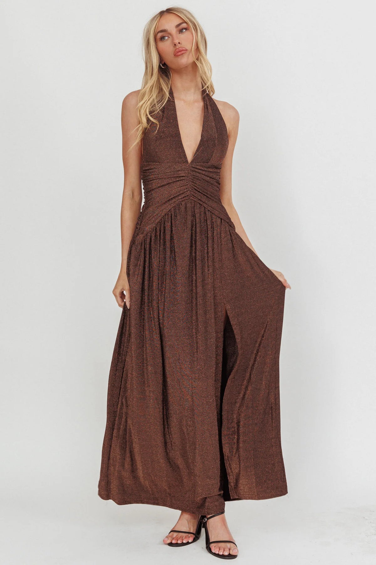 Italia Azure Gathered Waist Maxi Dress Shimmer Chocolate