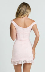 Judai Mini Dress Lace Off Shoulder A Line Dress in Pink