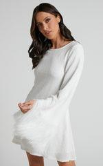 Rowella Mini Dress - Faux Feather Bell Sleeve Dress in White