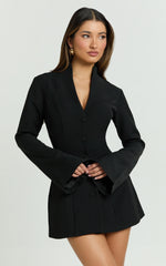V Neck Long Sleeve Button Front Tulip Skirt Dress in Black