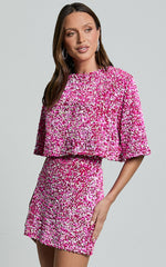 Reah Two Piece Set - Tie Back Top and High Waisted Sequin Mini Skirt in Pink