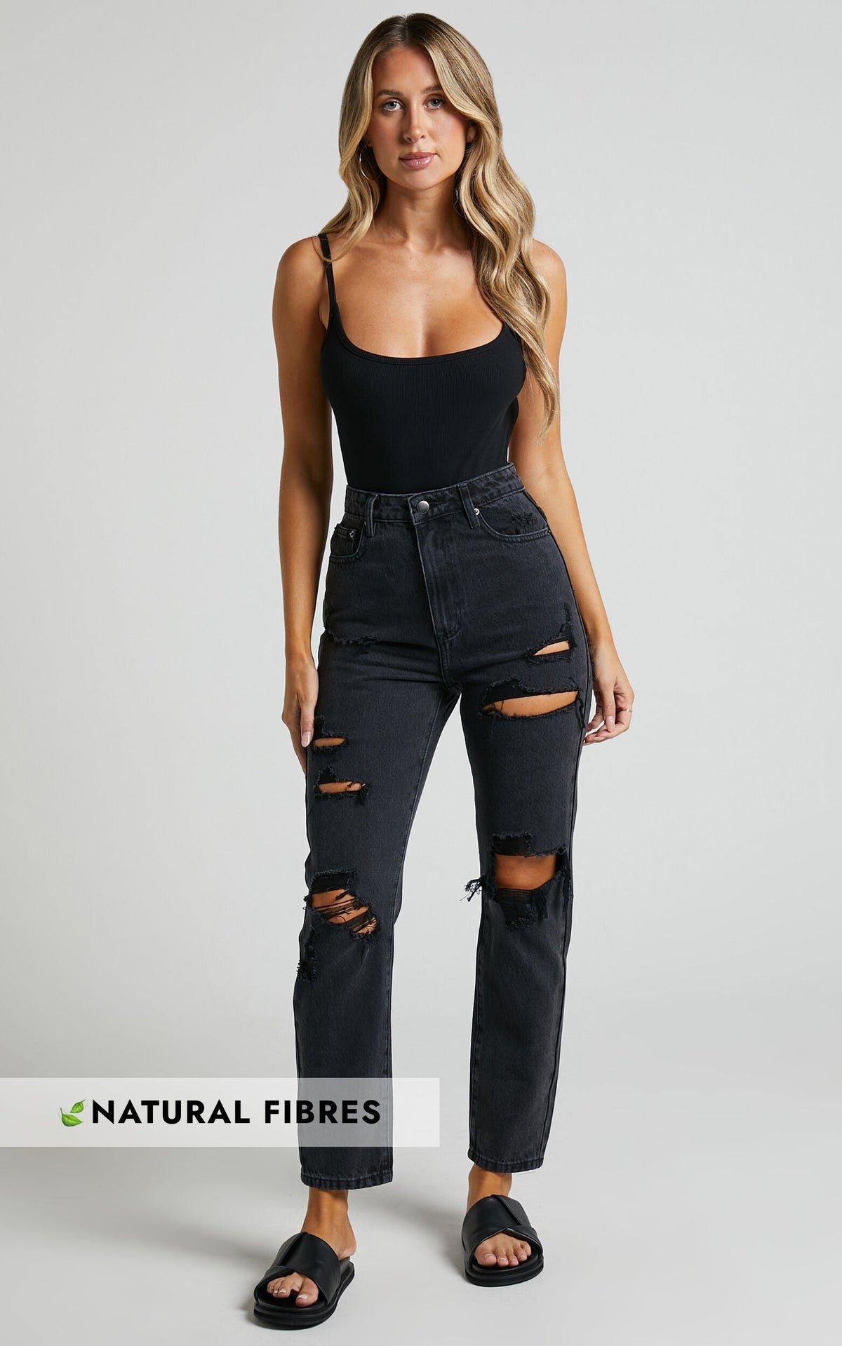 Billie Jeans - High Waisted Cotton Distressed Mom Denim Jeans in Black Wash