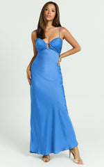 Regine Maxi Dress - Satin Slip Dress with Key Hole Front in Blue