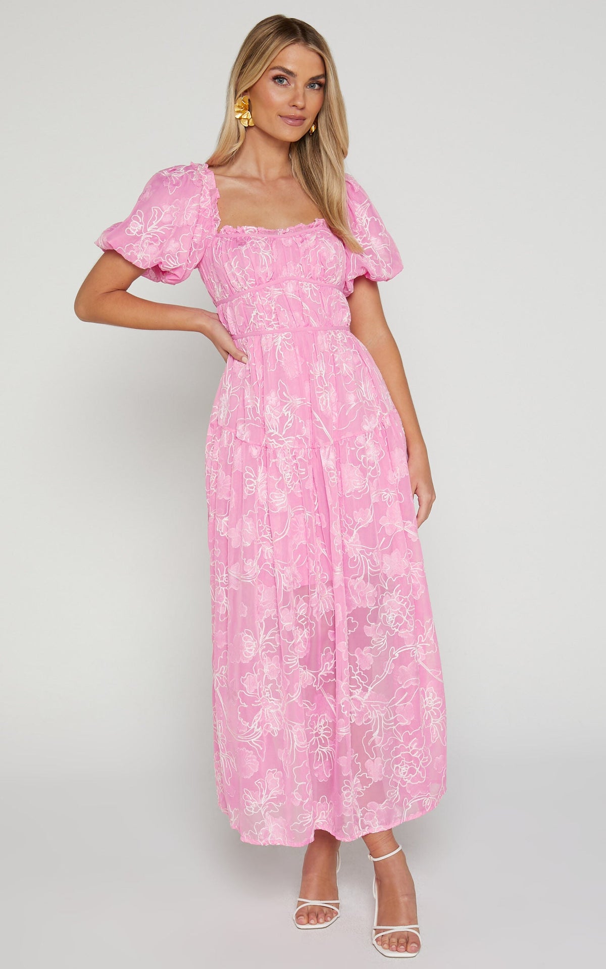 Harley Midi Dress - Puff Sleeve Dress in Pink