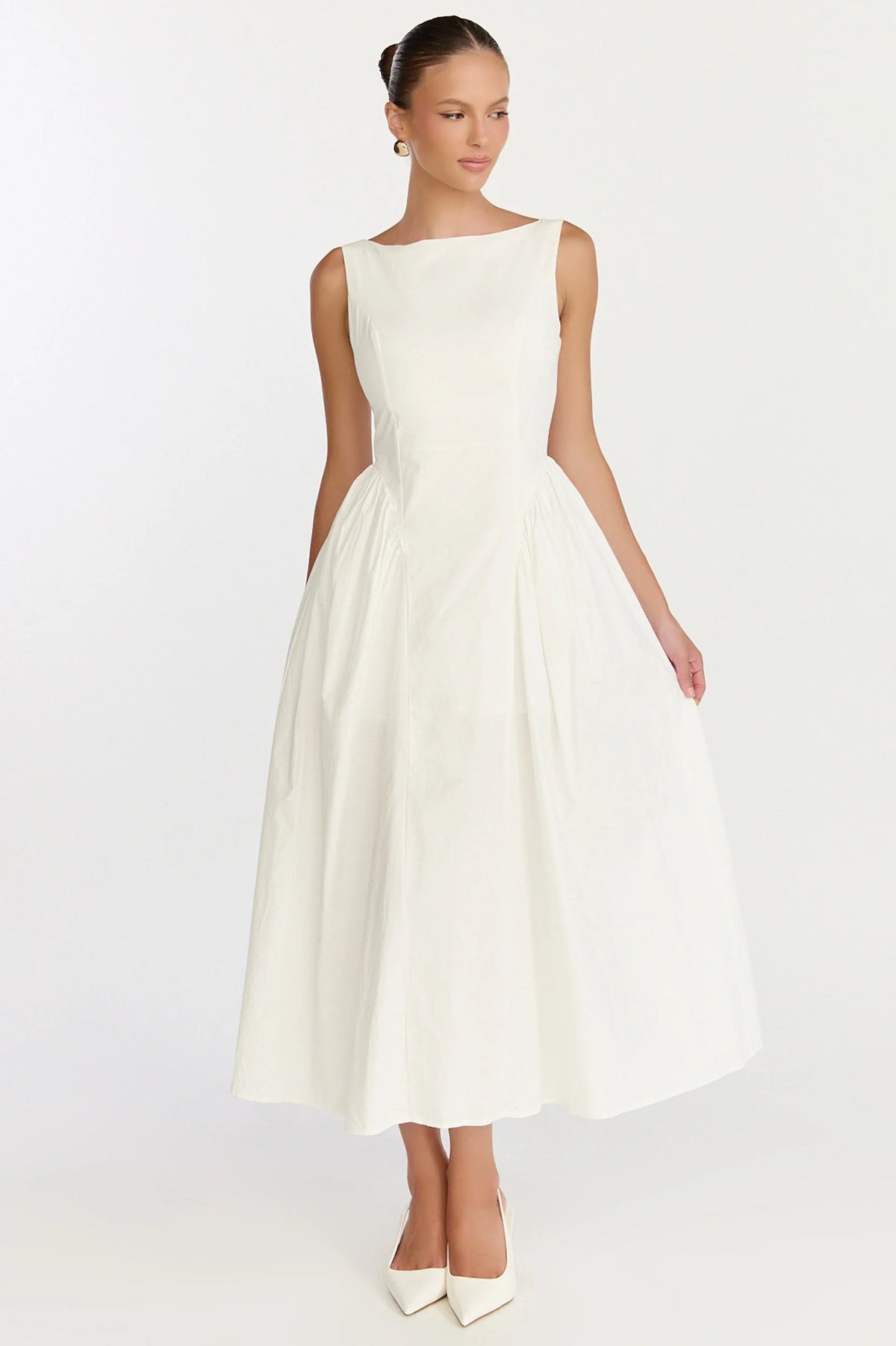 Boat Neck Tie Back Fit And Flare Dress in Off White