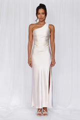 The Aurora One Shoulder Satin Maxi Dress Pearl