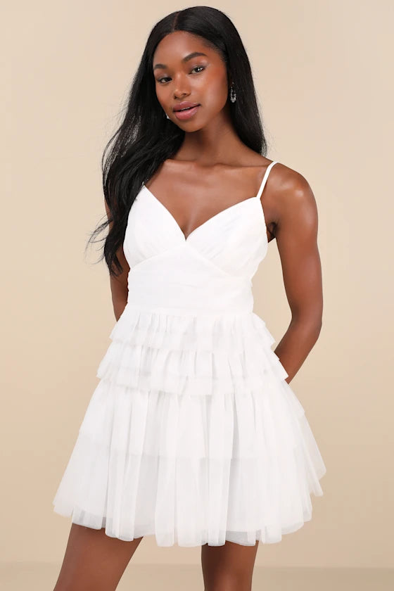 Special Poise White Tulle Pleated Sleeveless Tiered Mini Dress