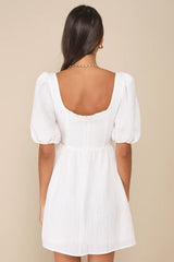 Little Bit In Love White Surplice Puff Sleeve Mini Dress