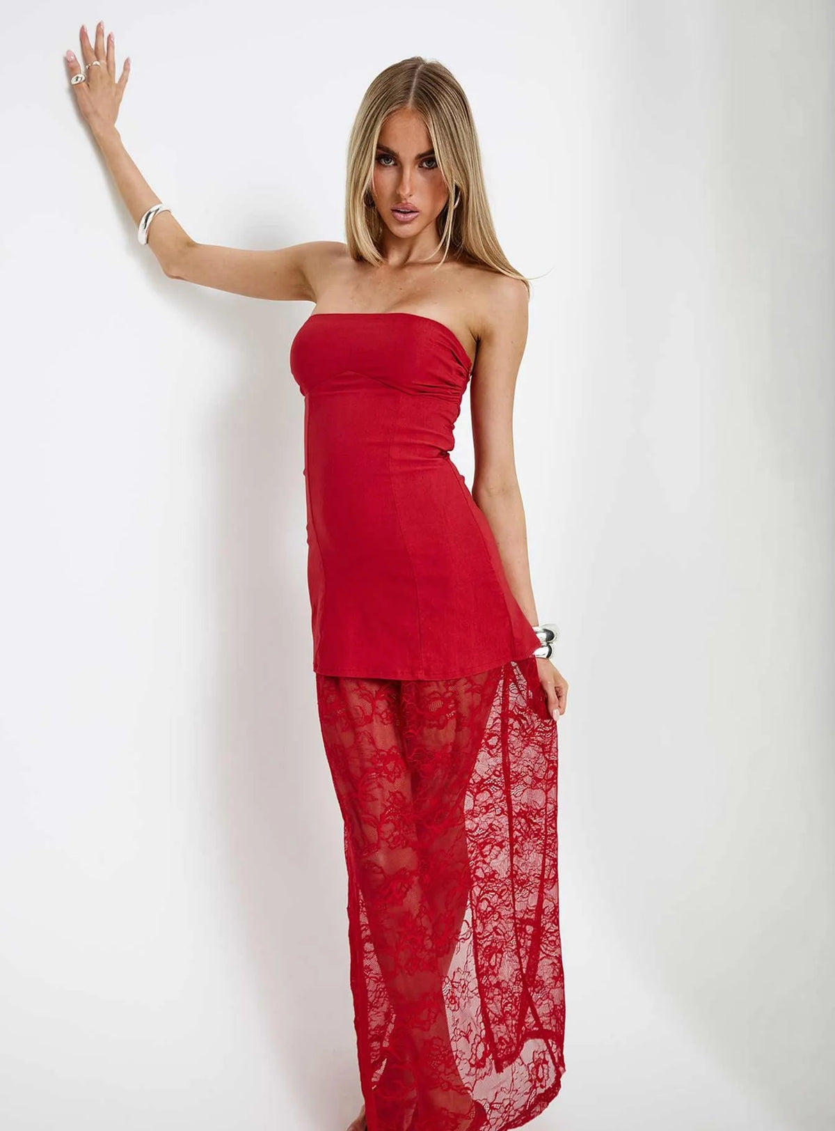 Aleda Sheer Lace Detail Strapless Maxi Dress Red