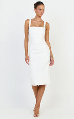 Square Neck Ruched Bodycon Dress in White