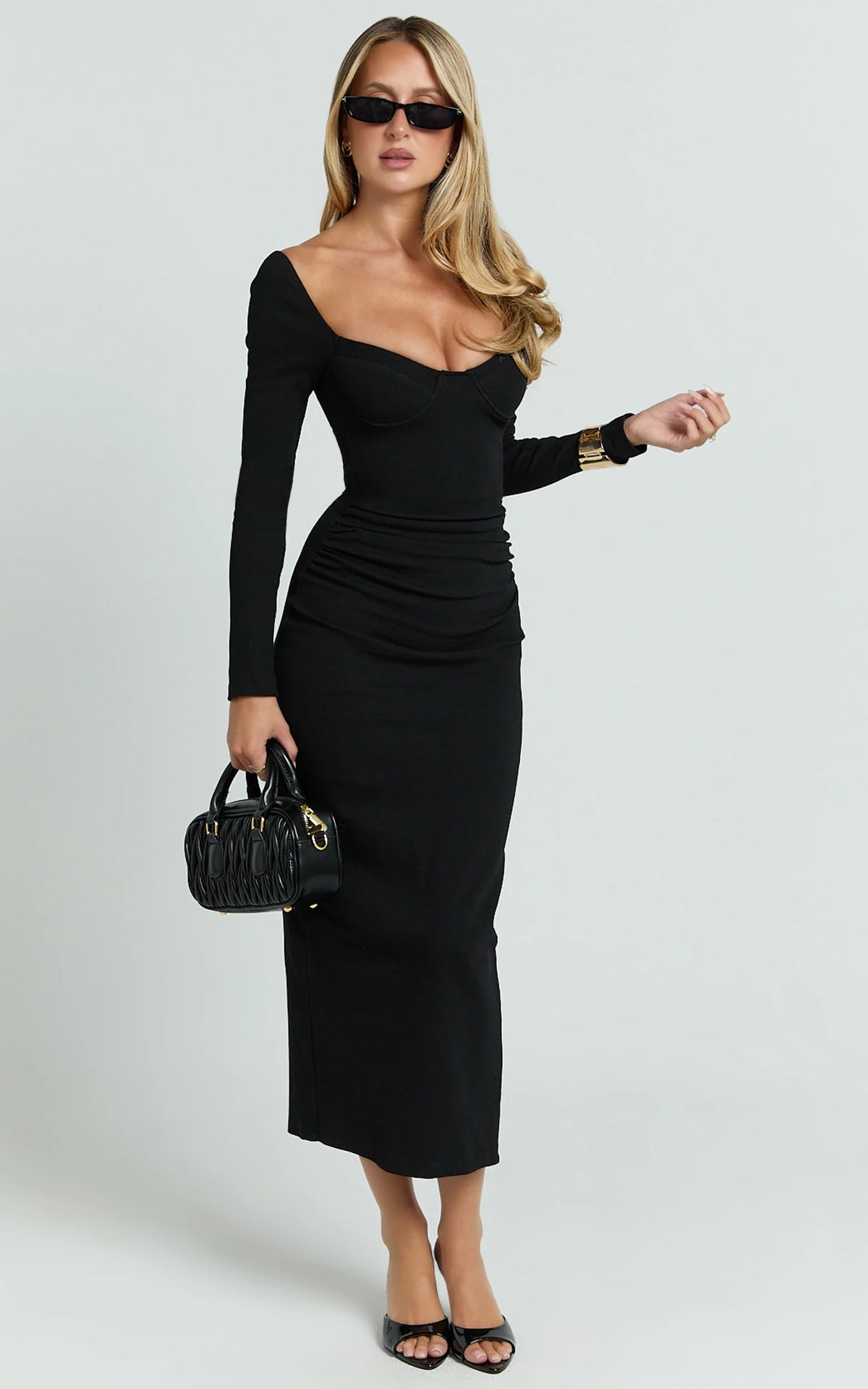 Long Sleeve Sweetheart Neck Bodycon Dress in Black