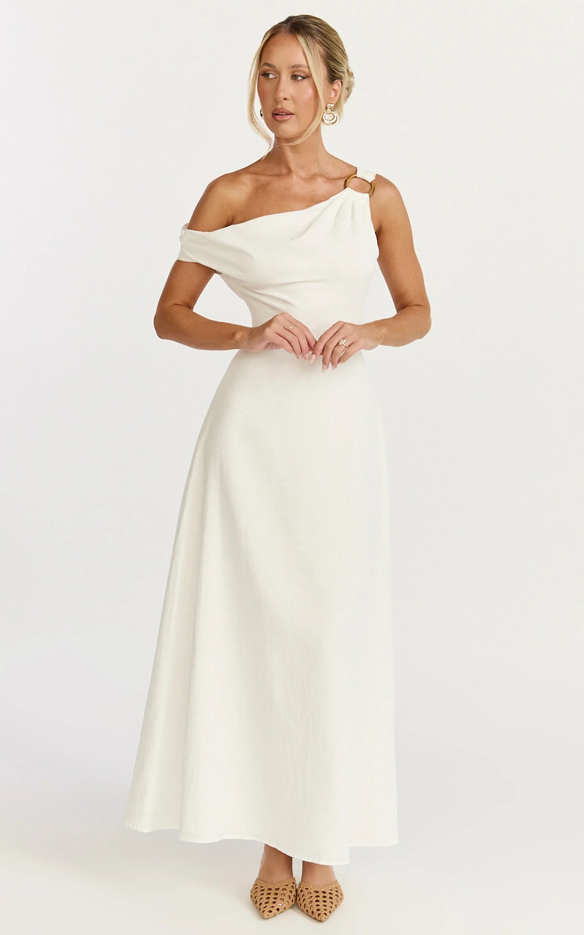 Off The Shoulder Hardware Detail A Line Dress in White