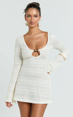 Beaded Keyhole Neckline Long Sleeve Dress in Ivory