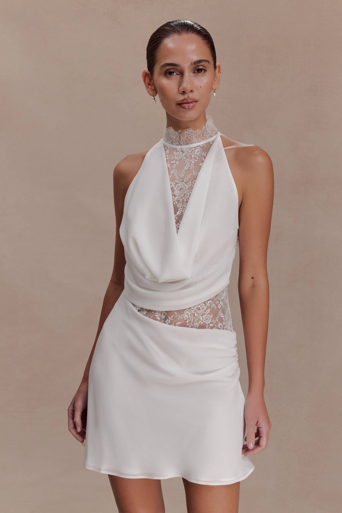 Arra Chiffon And Lace Halter Mini Dress - White