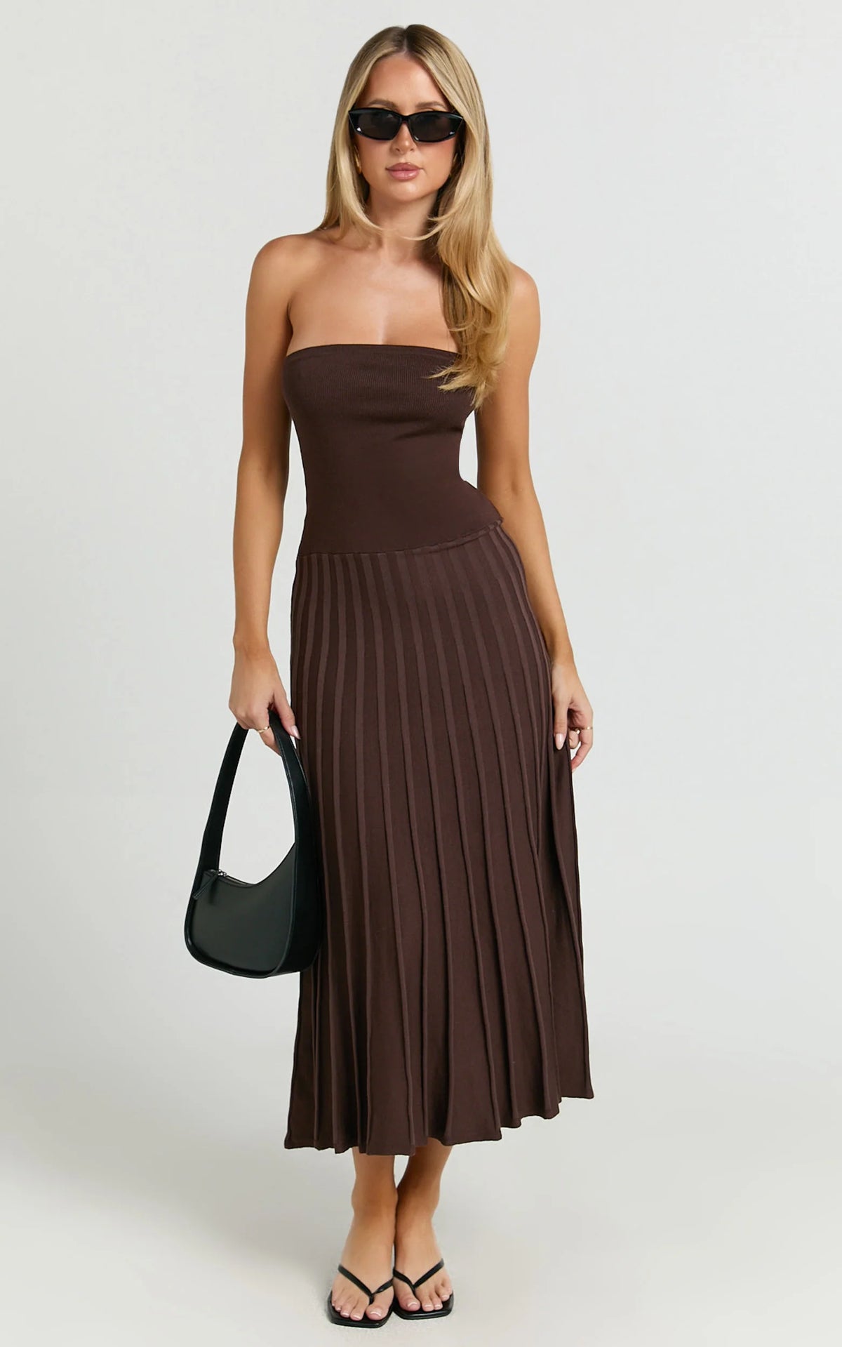 Strapless Drop Waist Pleated Knit Dress in Chocolate